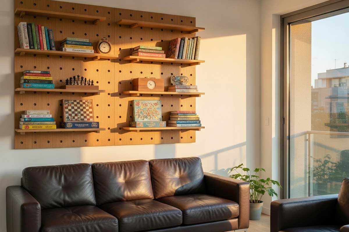 Lochwandregal im Wohnzimmer